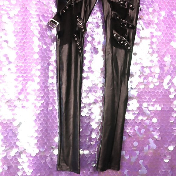 VINYL BUCKLE PANTS XS Devil Fashion Fishnet Cyber Goth Bikercore PVC PU Black - Picture 9 of 15